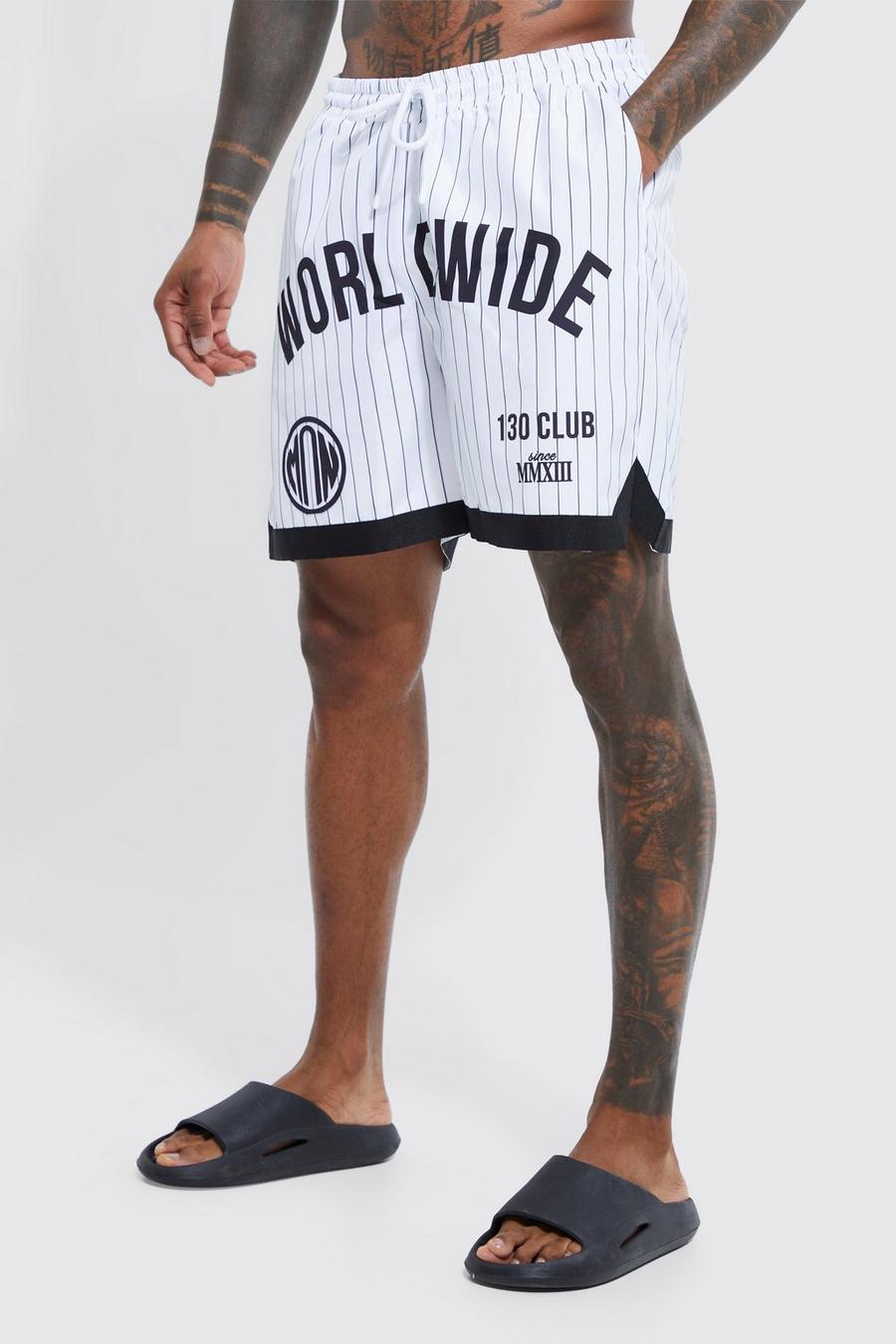 Mittellange gestreifte Basketball-Badehose mit Worldwide-Print, White