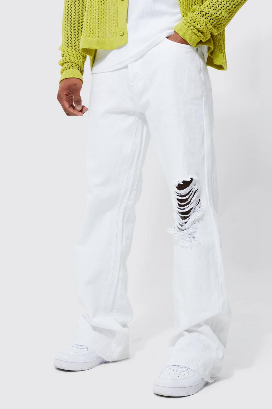 White Relaxed Rigid Ripped Knee Flare Jeans