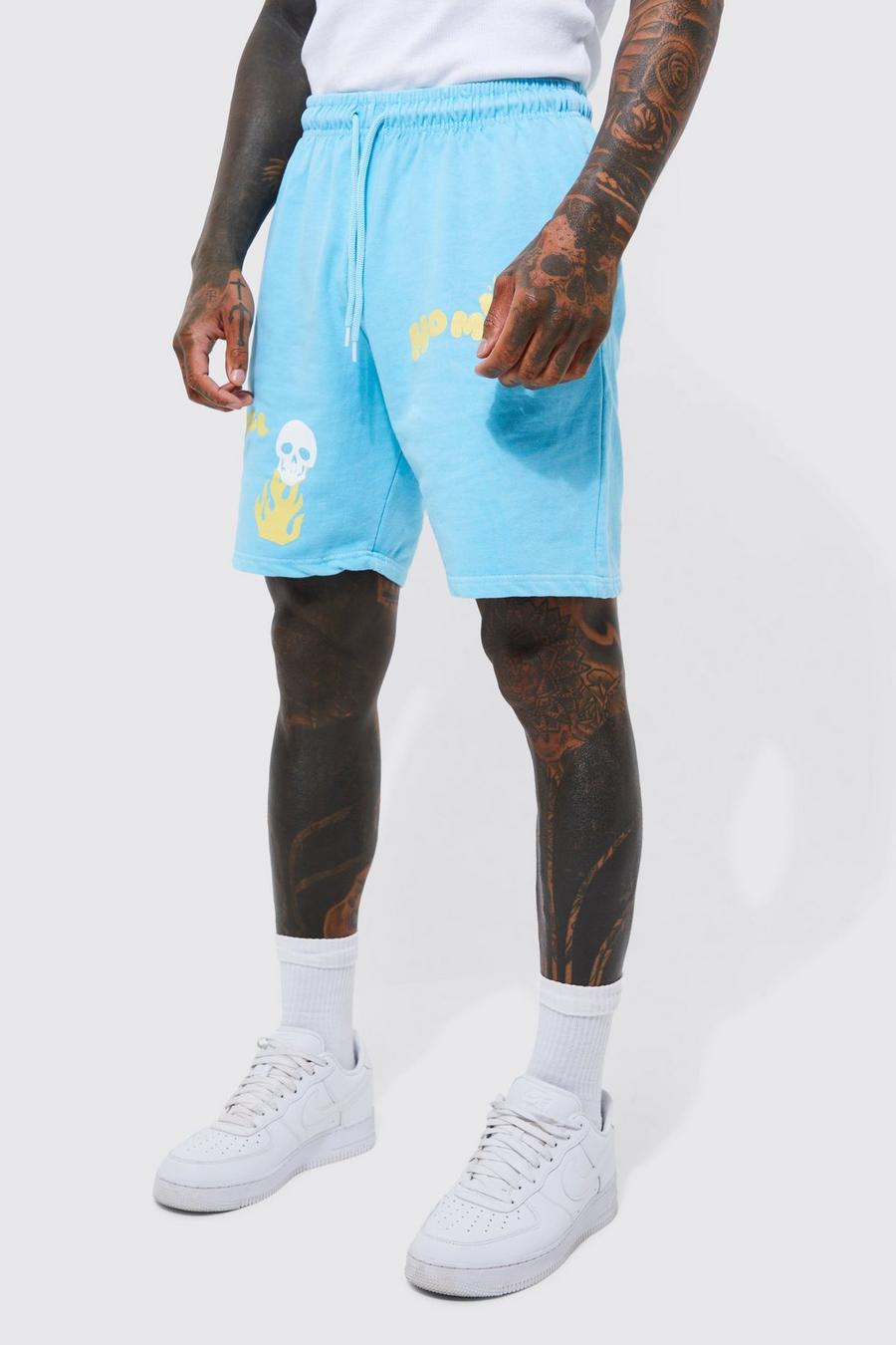Blue Overdye Slim Fit Jersey Schedel Shorts Met Print image number 1