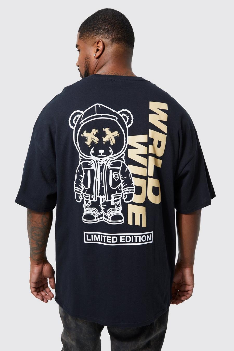 Plus T-Shirt mit Space Teddy Print, Black