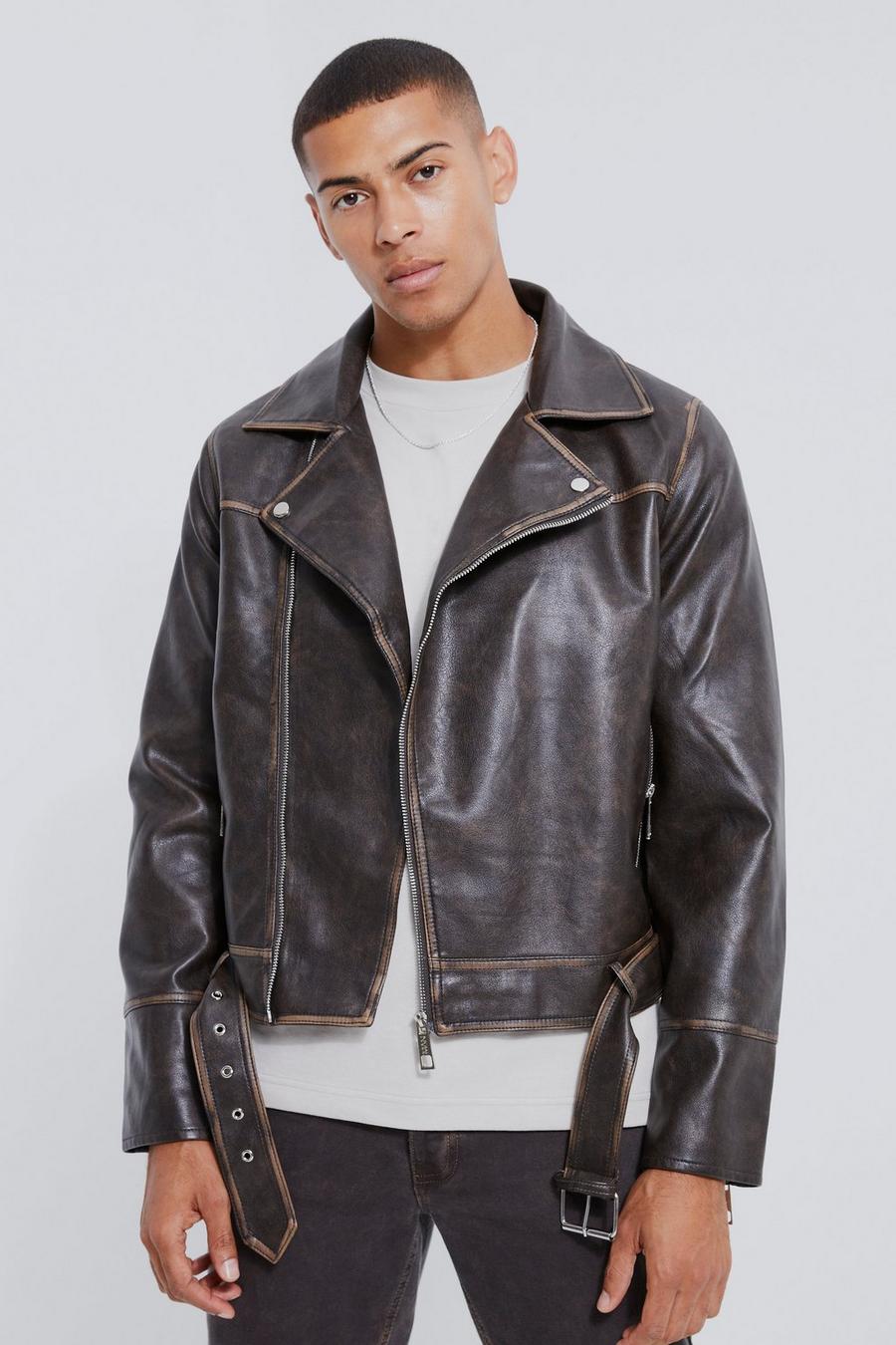 Brown Boxy Vintage Pu Biker Jacket