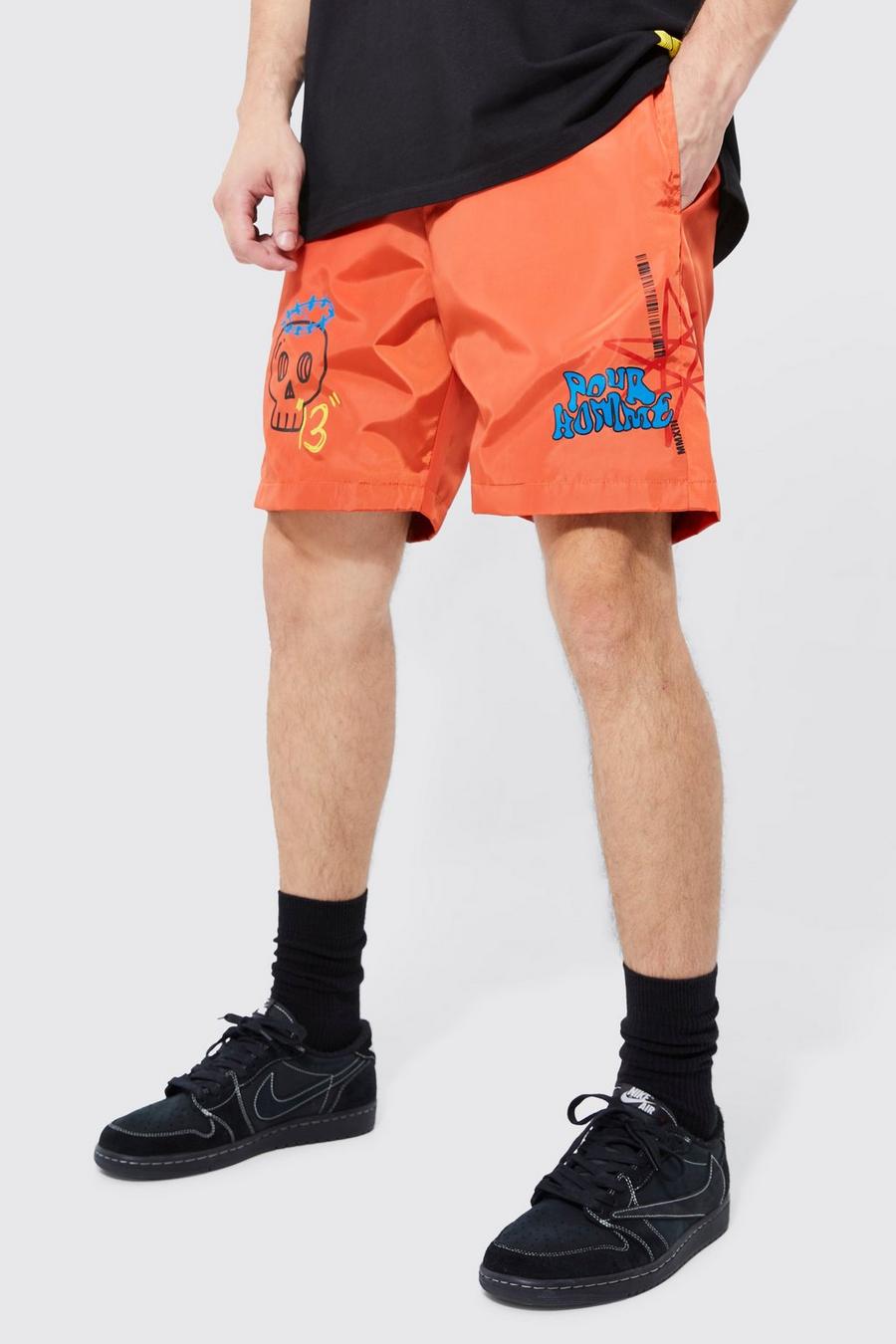 Pantalón corto Tall con cintura elástica y grafiti con alamares, Orange image number 1