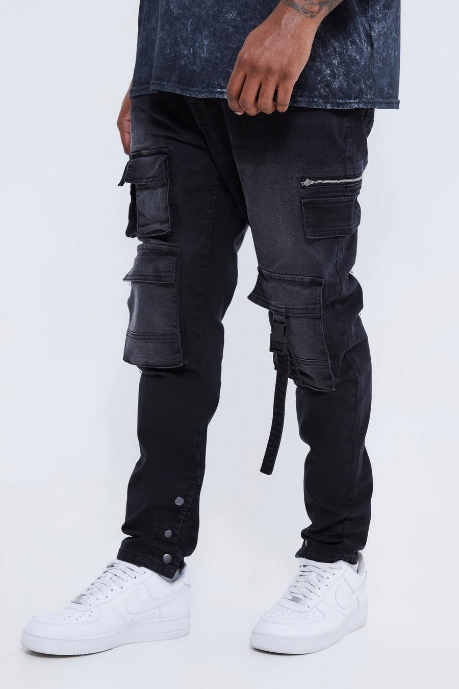 Plus Skinny Stretch Cargo-Jeans mit Taschen, Washed black image number 1