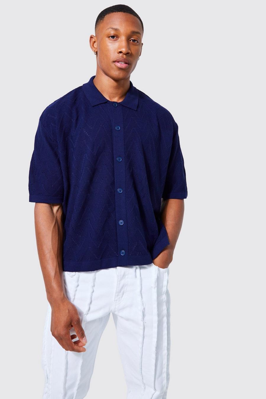 Navy Short Sleeve Boxy Open Stitch Knitted Shirt 