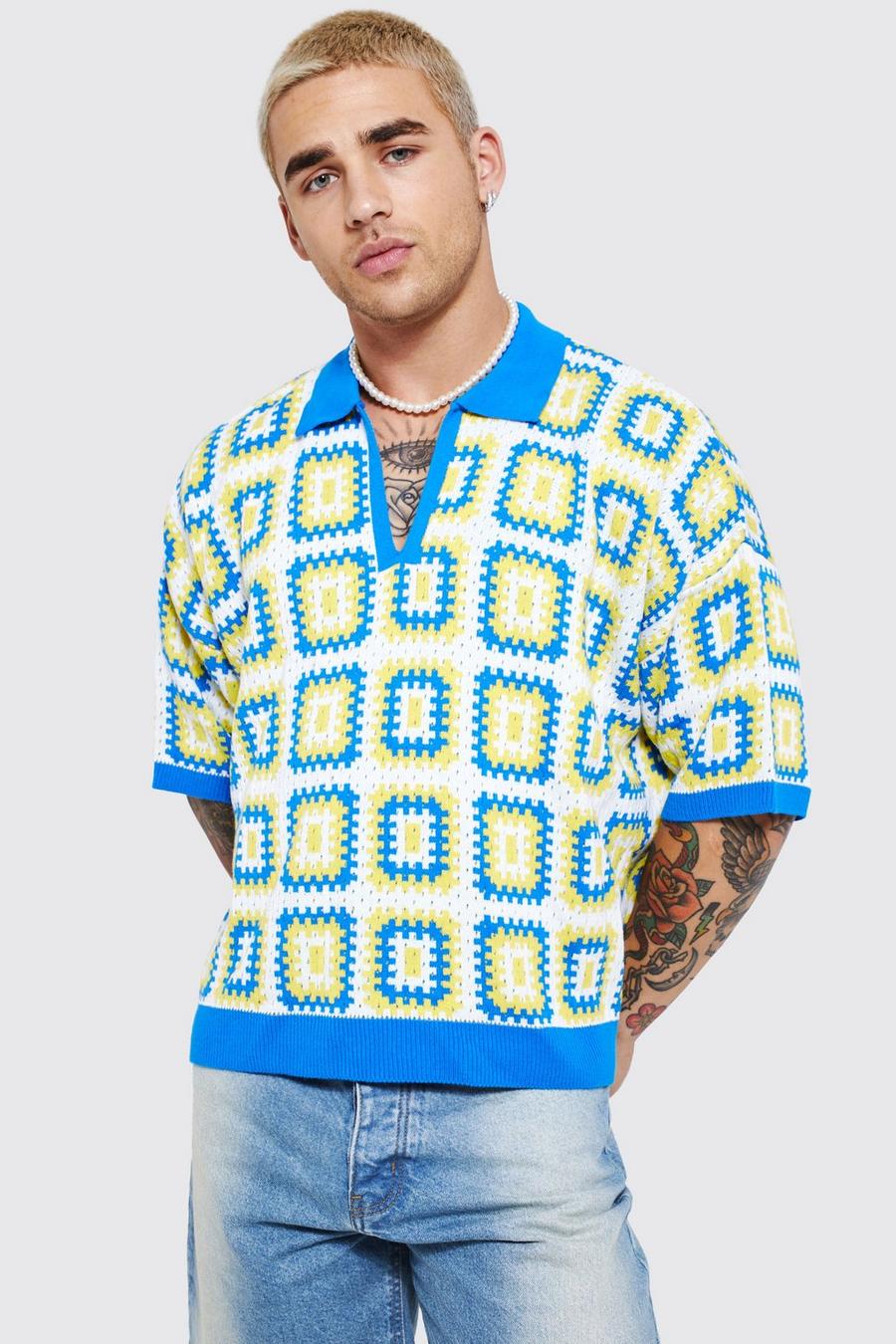 Blue Short Sleeve Boxy Fit Revere Crochet Polo image number 1