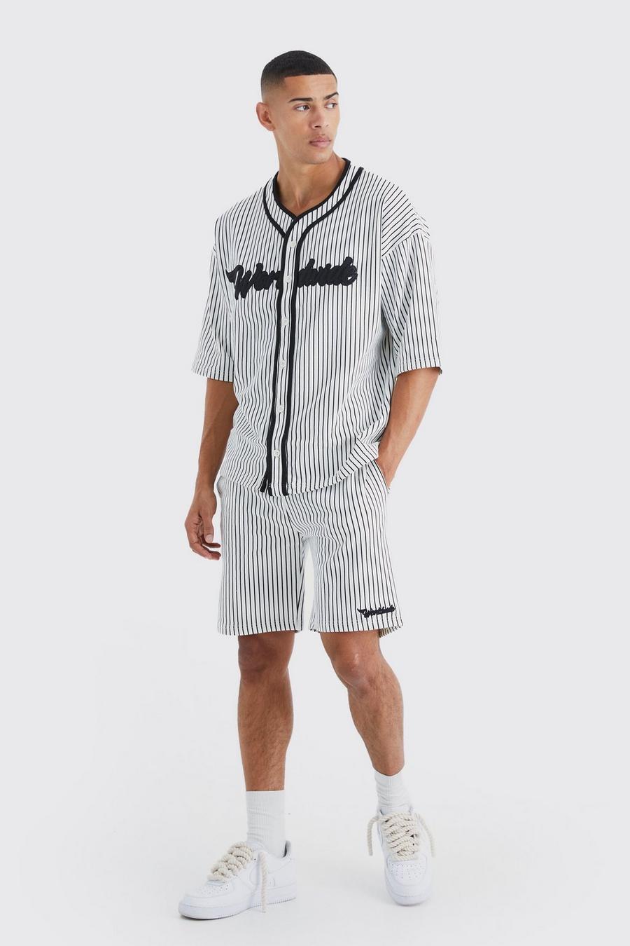 Oversize Nadelstreifen Baseball-Shorts-Set, Ecru