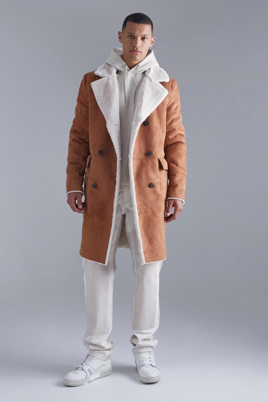 Tall Borg Lined Double Breasted Overcoat in Tan