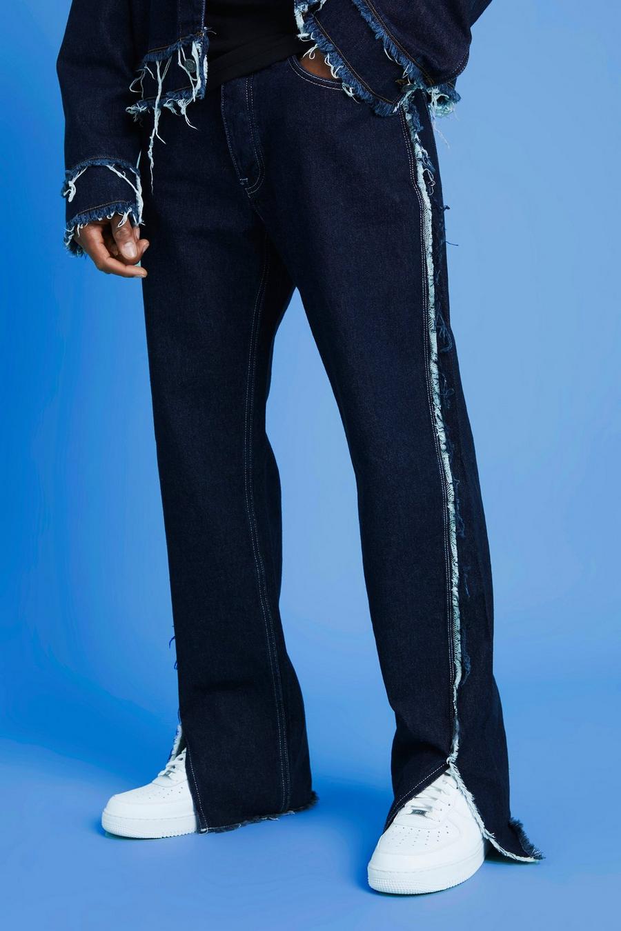 Indigo Relaxed Fit Frayed Seam Jeans With Split Hem