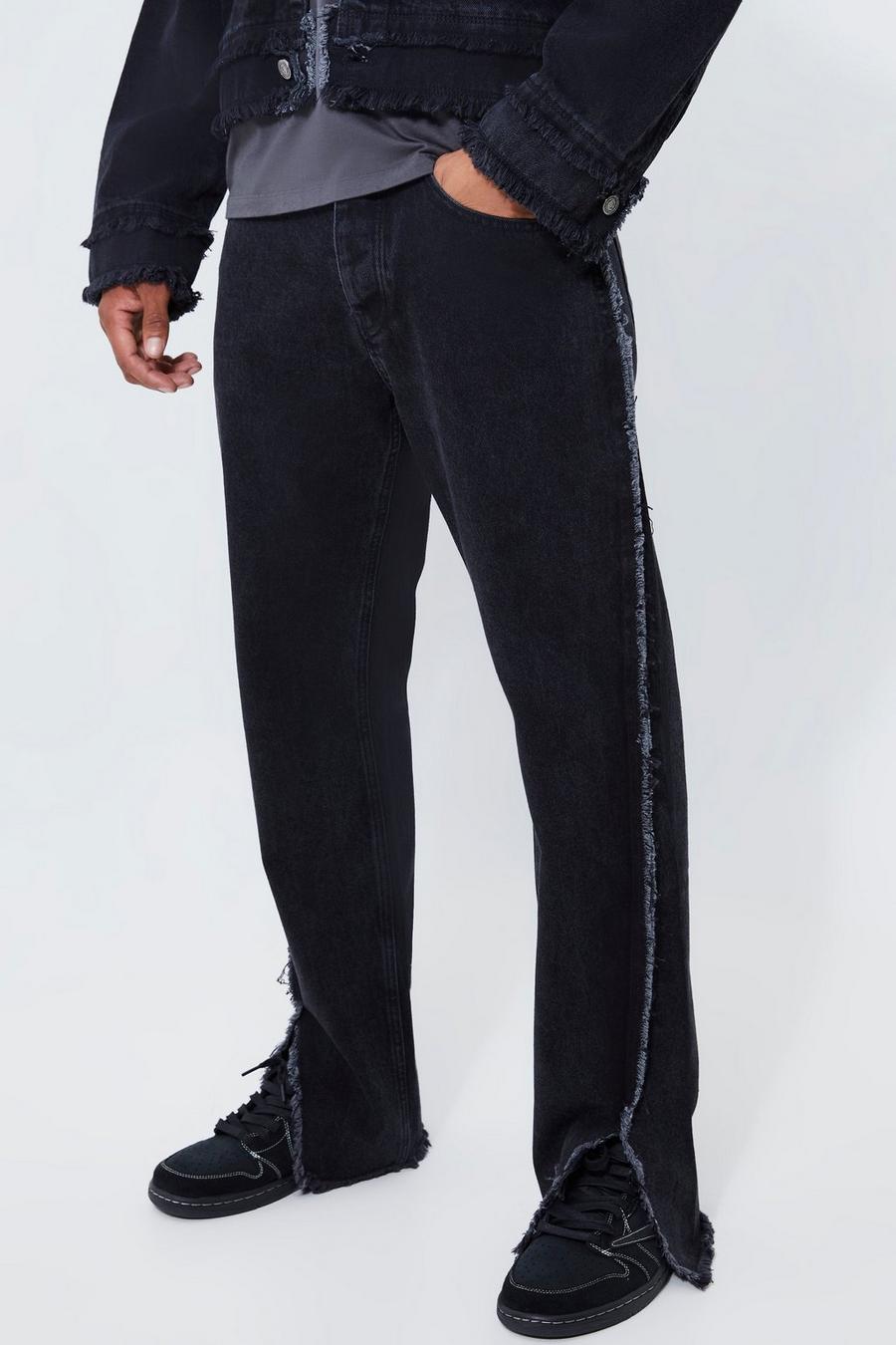 Washed black Relaxed Fit Frayed Seam Jeans With Split Hem