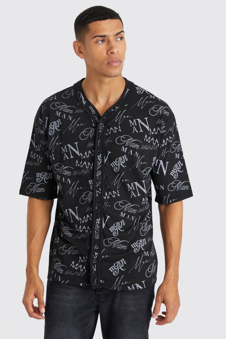 Oversize Baseball Jersey-Hemd mit Man Graffiti-Print, Black