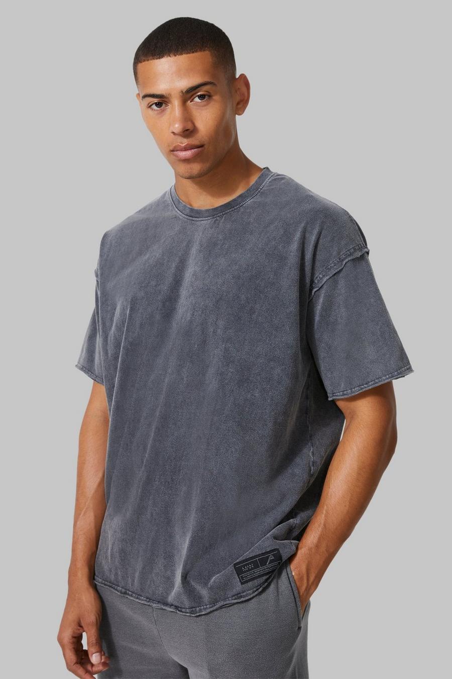 T-shirt oversize Man Active in lavaggio acido grezzo, Charcoal