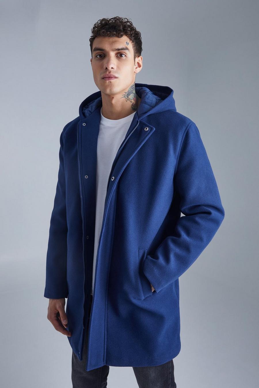 Navy Concealed Placket Hooded Overcoat
