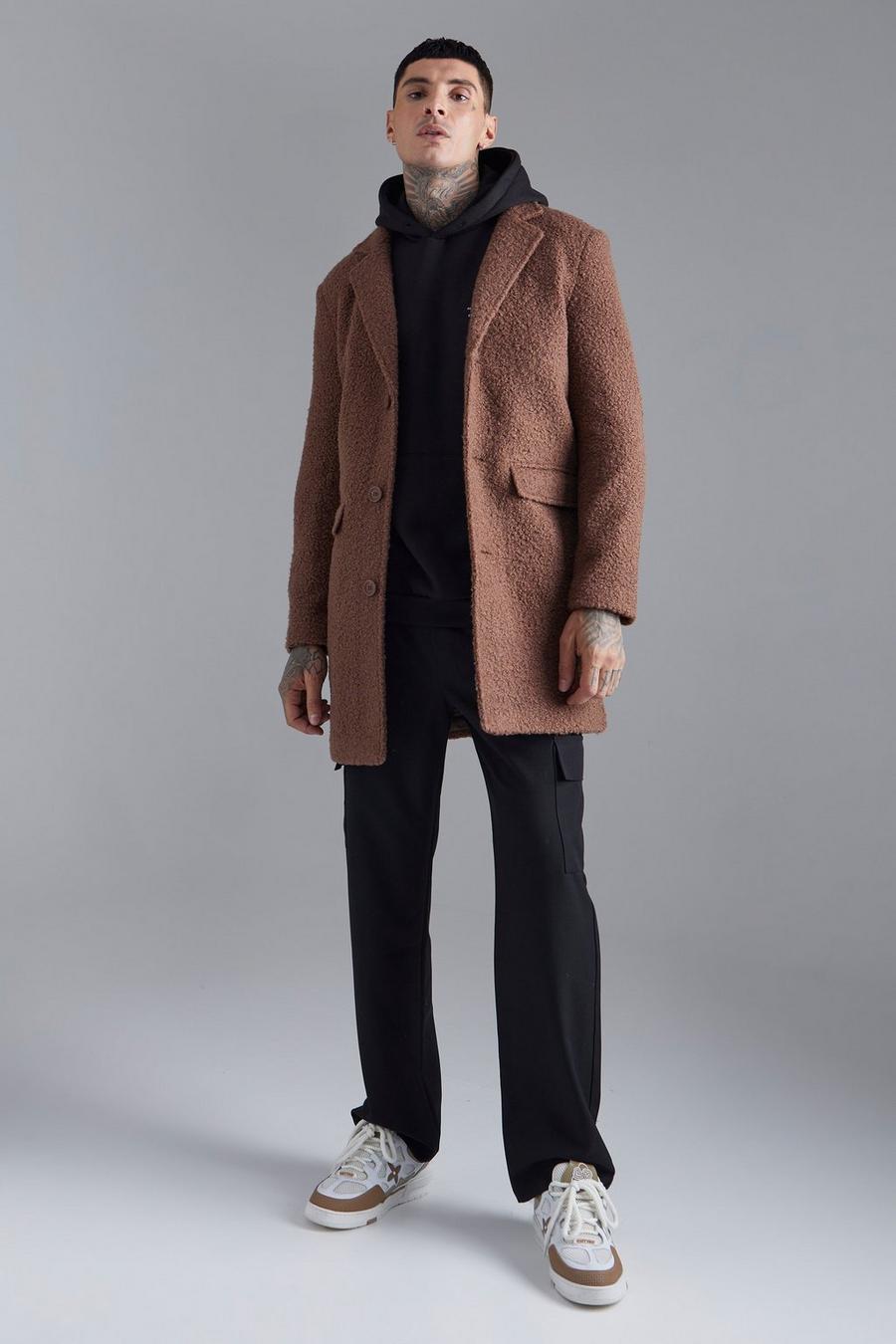 Chocolate Single Breasted Boucle Overcoat