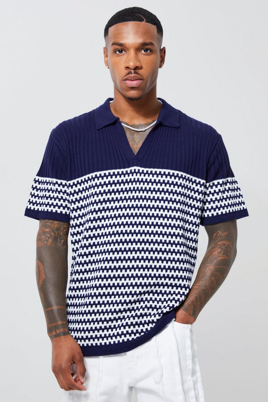 Navy V Neck Striped Knitted Polo image number 1