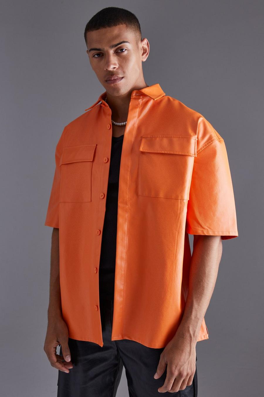 Camisa recta oversize de cuero sintético, Orange