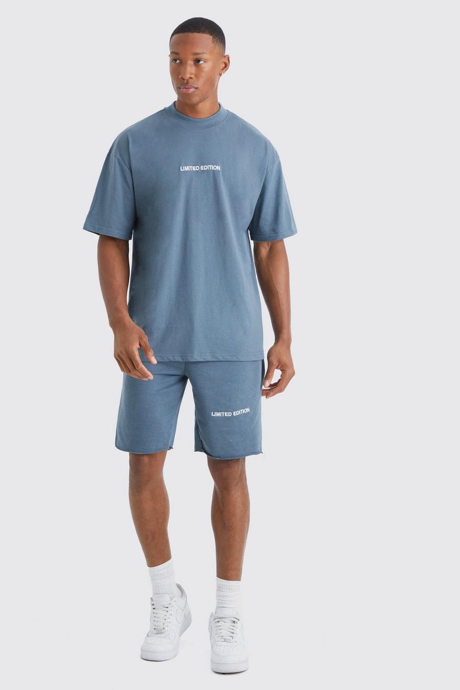 Slate blue Oversized Limited T-Shirt Met Onbewerkte Zoom En Shorts Set