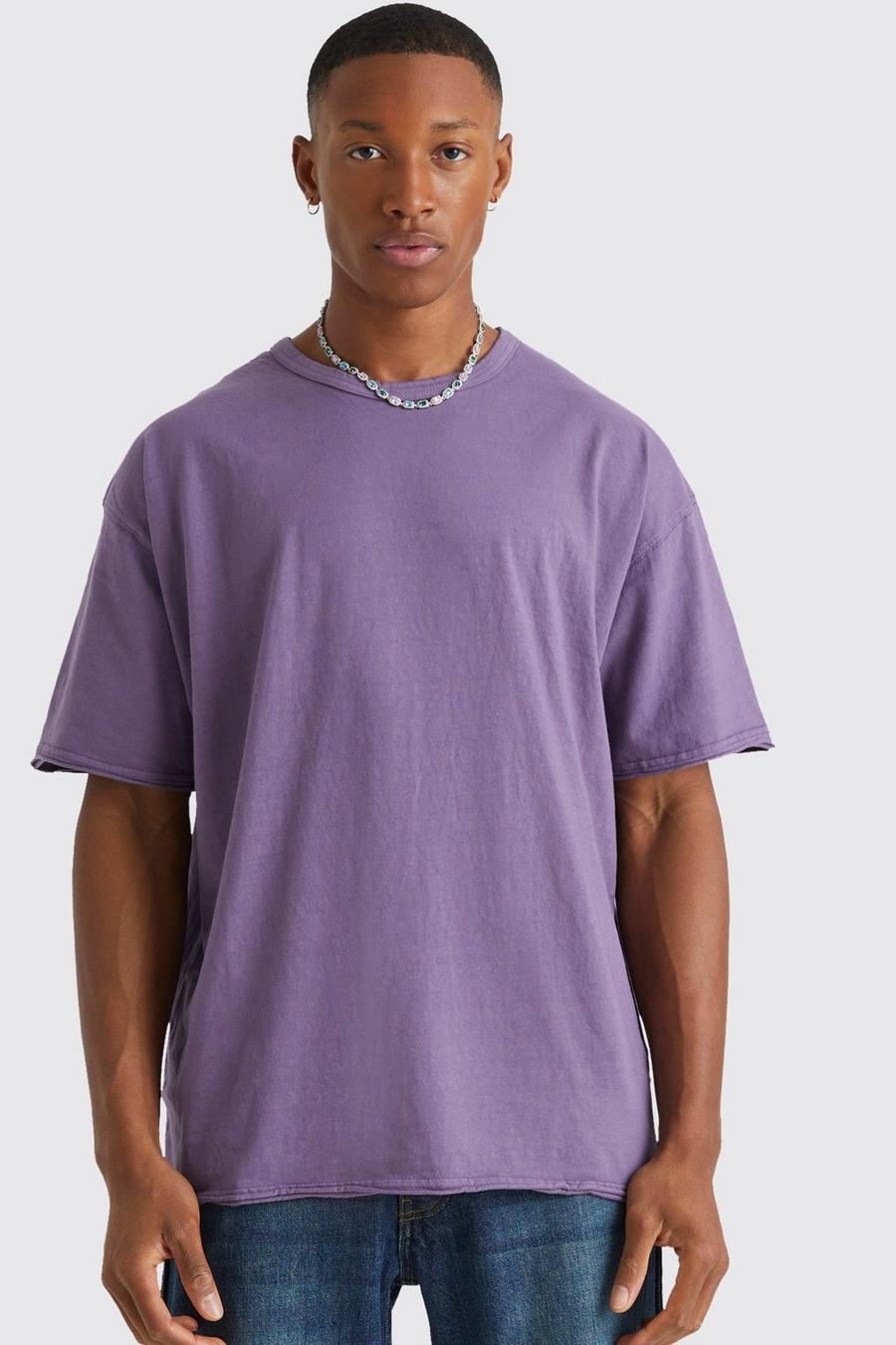 Purple Oversized Heavyweight Washed Raw Hem T-shirt