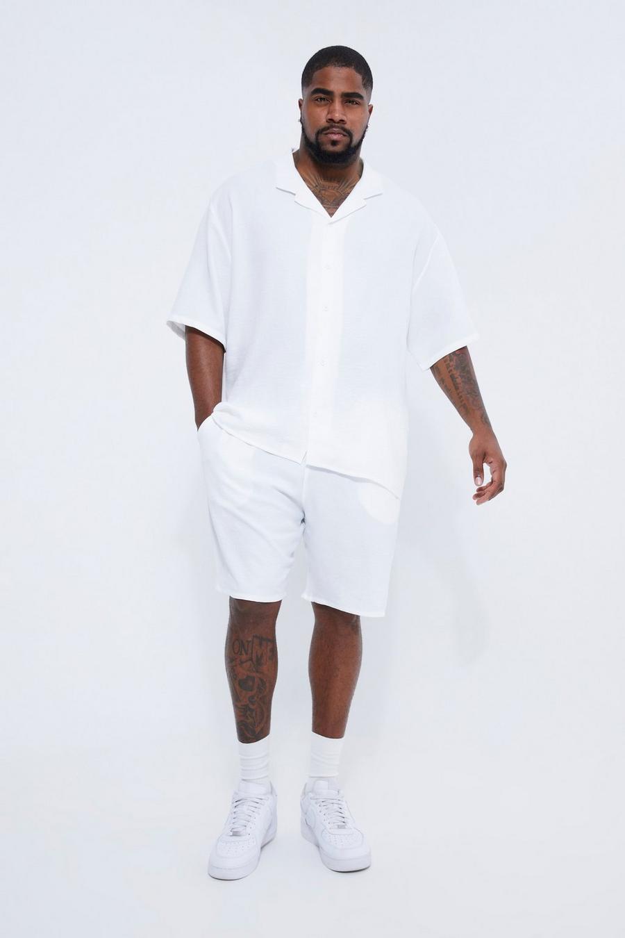 White Plus Short Sleeve Drop Revere Linen Shirt & Short Set image number 1
