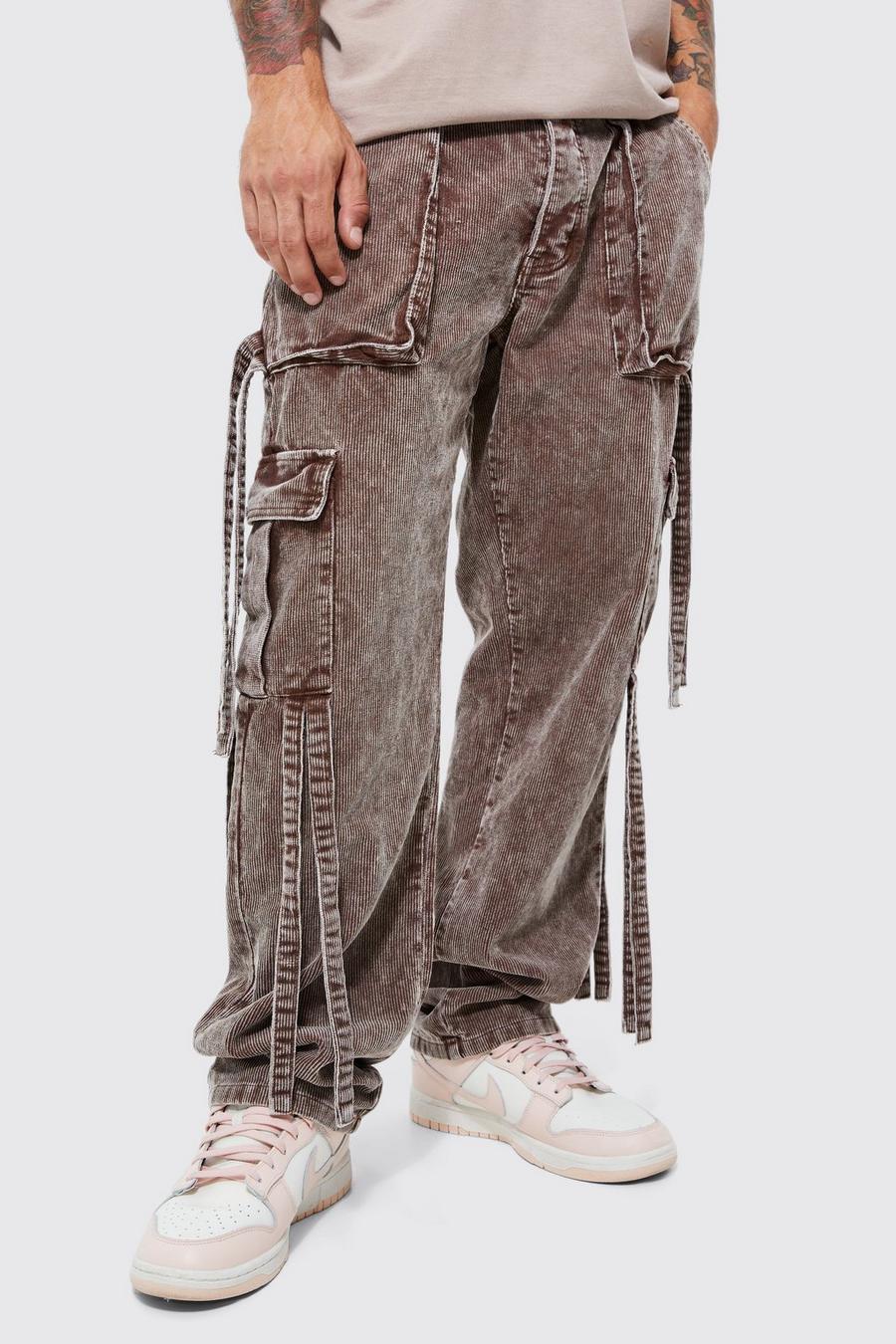 Chocolate Relaxed Strap Detail Acid Wash Corduroy Trousers