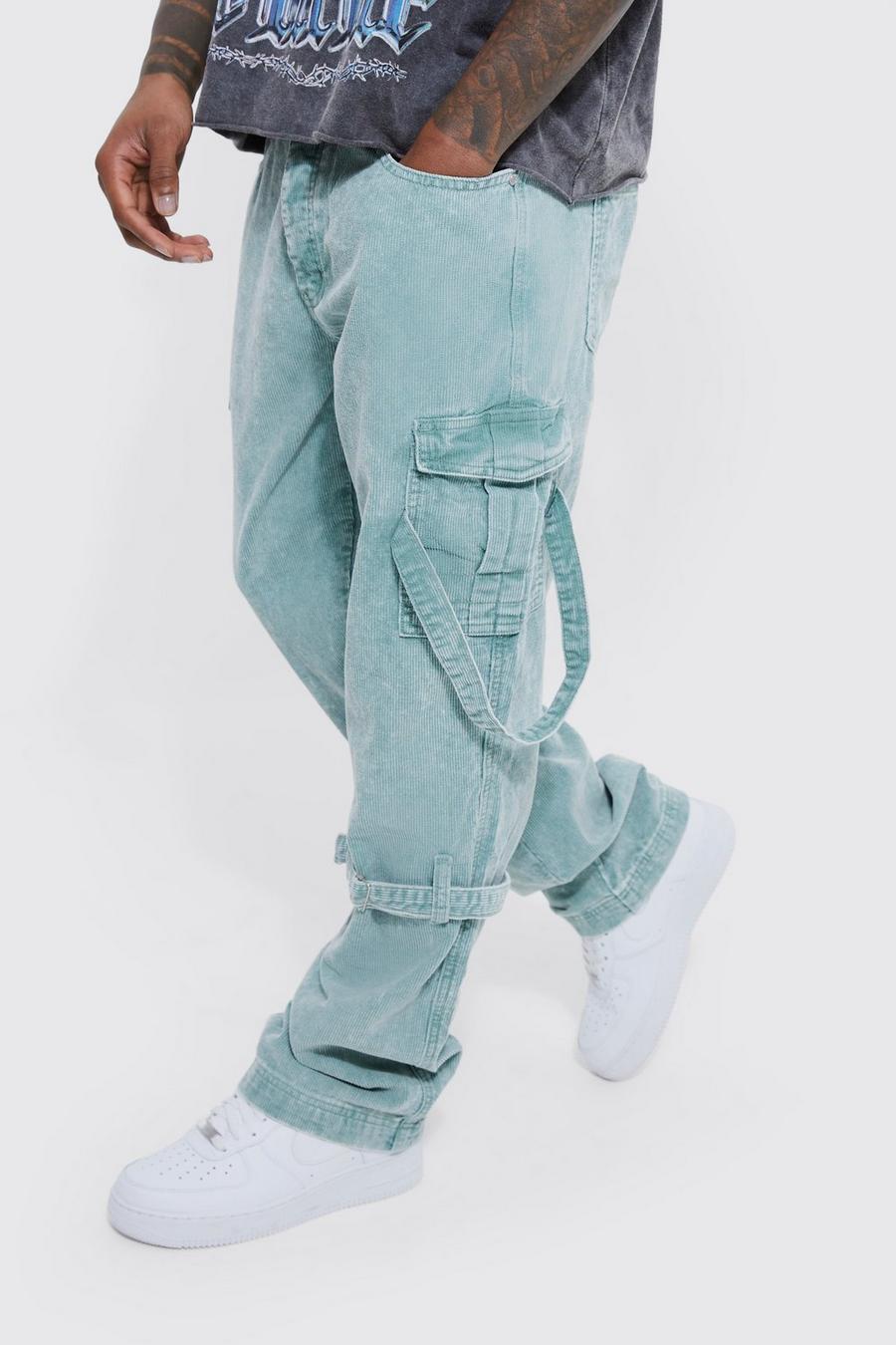 Sage Relaxed Strap Detail Acid Wash Corduroy Trousers