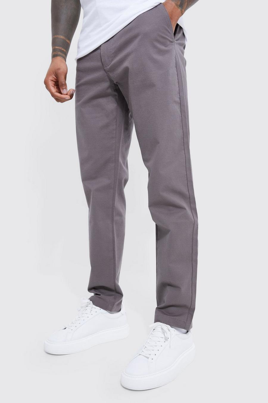Grey Fixed Waist Slim Fit Chino Trousers