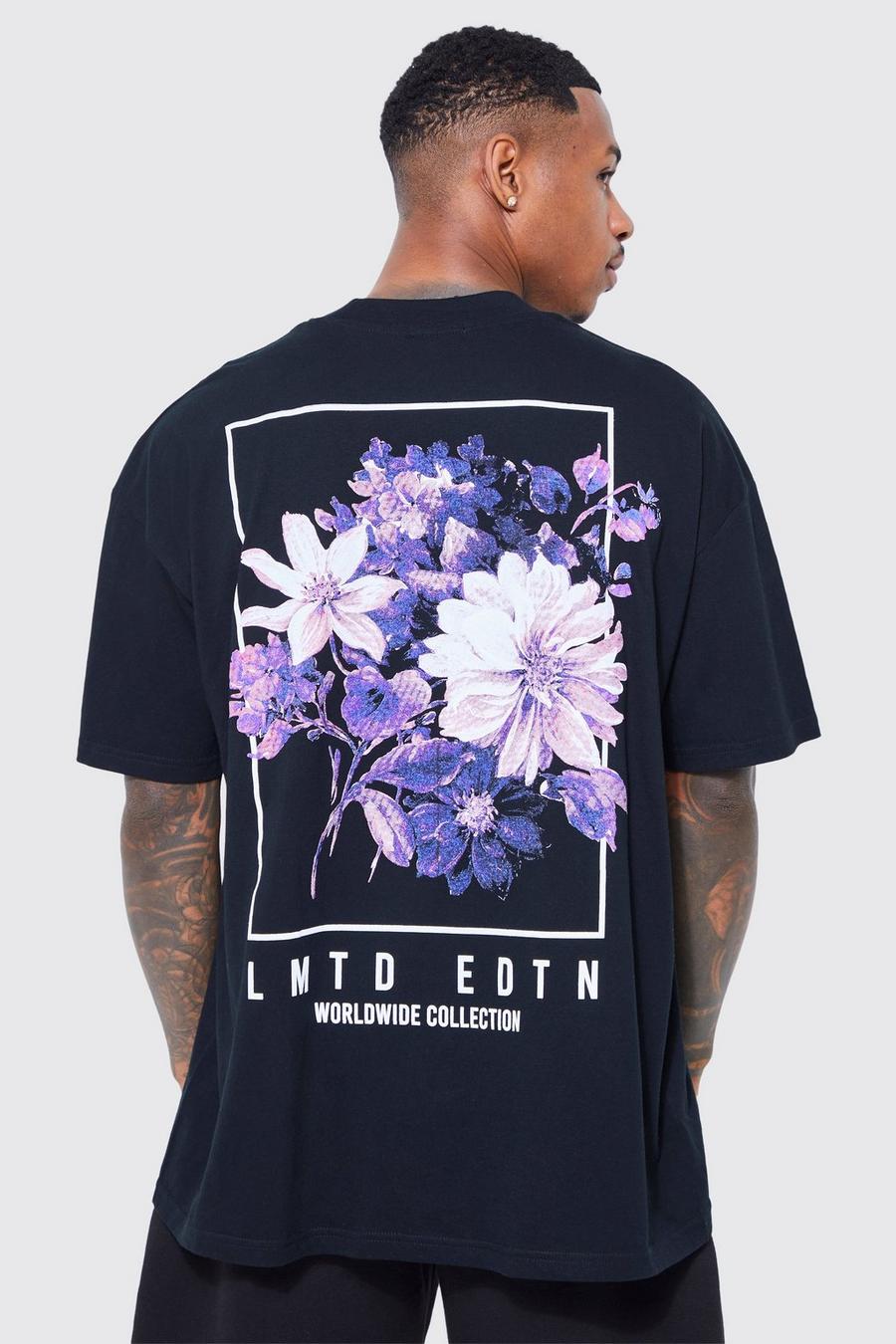 Oversize T-Shirt mit floralem Print, Black image number 1