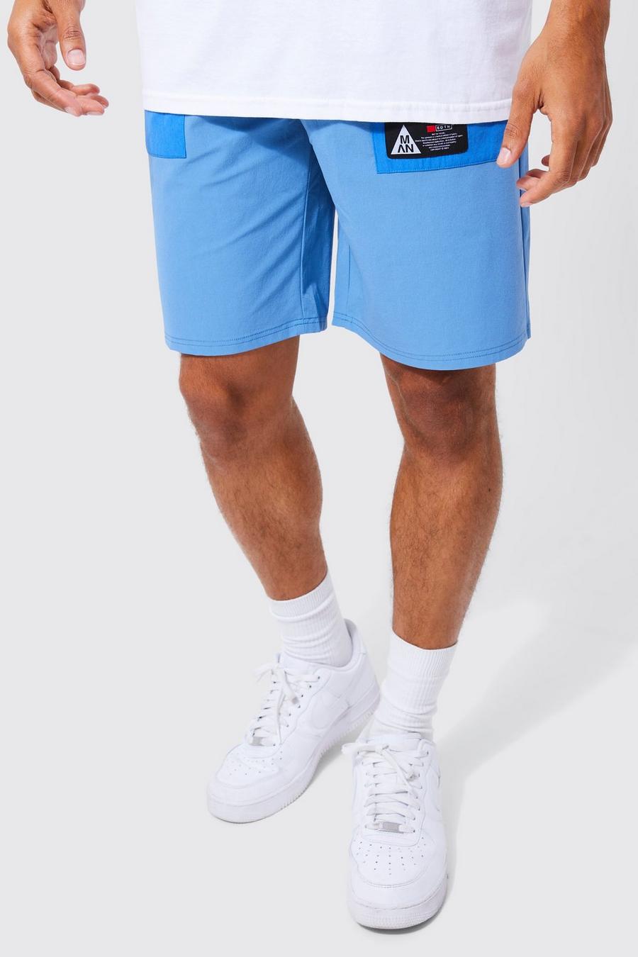 Blue Elasticated Waist Relaxed Fit Branded Colour Block Cargo Shorts