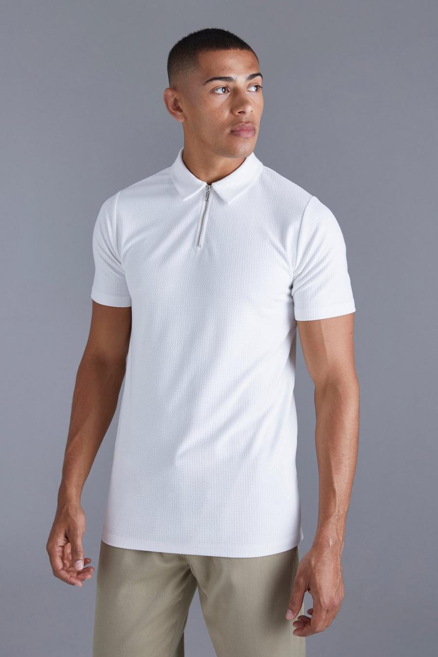Slim-Fit Jacquard Poloshirt mit Reißverschluss, Ecru
