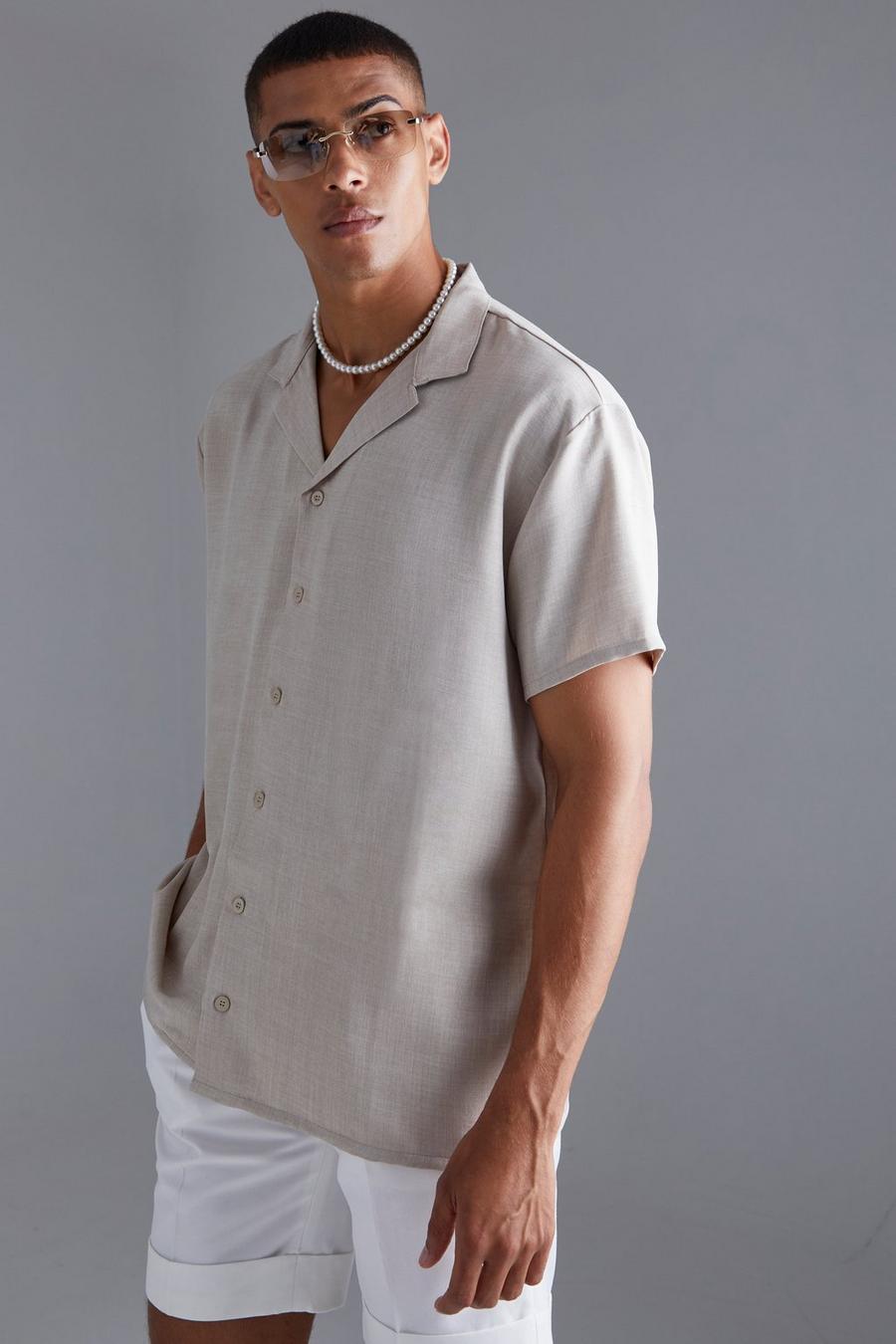 Natural Kortärmad oversize linneskjorta med bowlingkrage