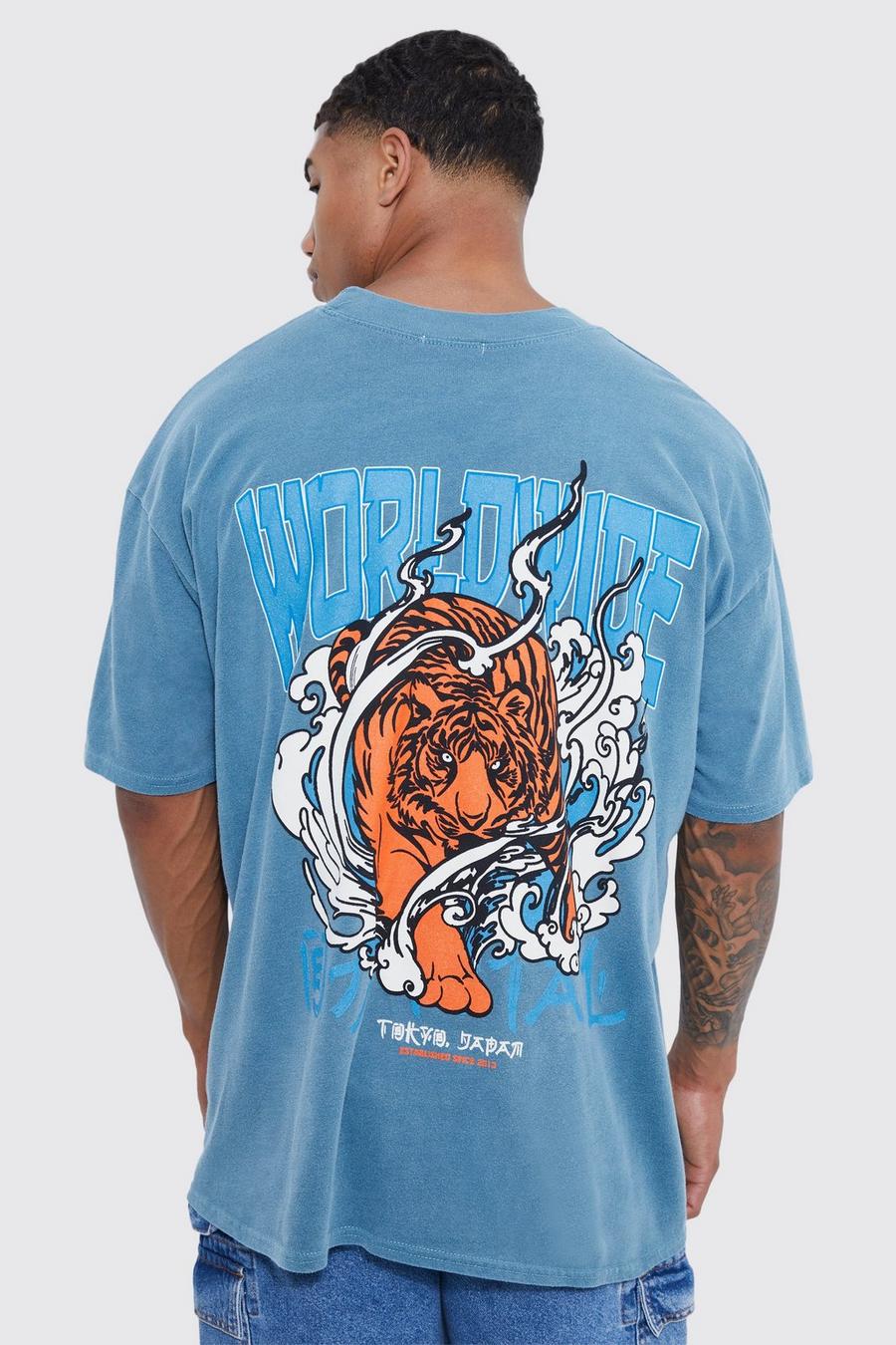 Blue Oversized Worldwide Tiger Wash Graphic T-shirt