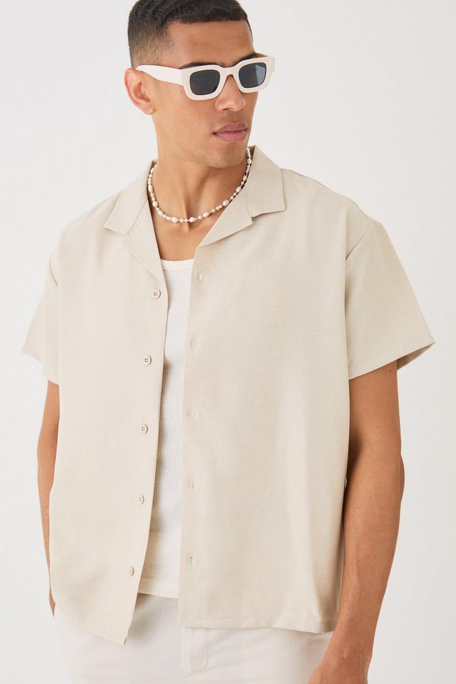 Natural Short Sleeve Boxy Linen Shirt image number 1