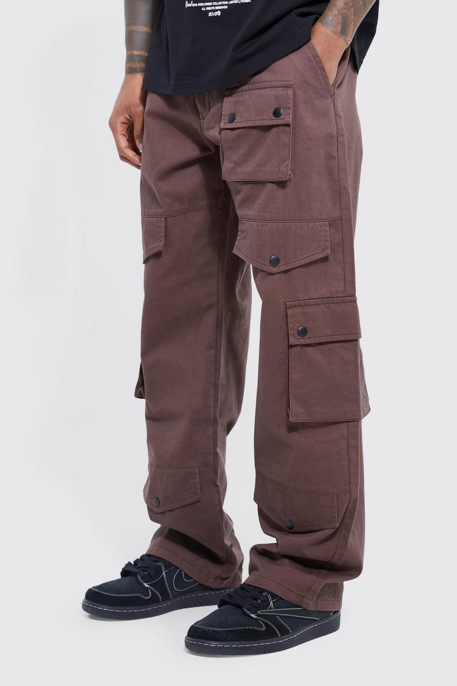 Chocolate Fixed Waistband Relaxed Fit Cargo Trousers