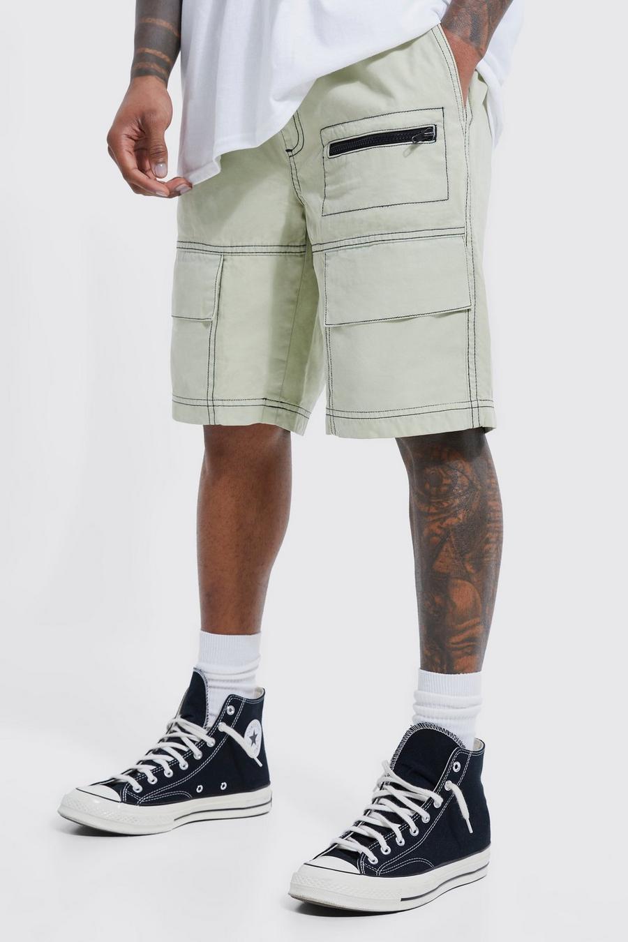 Sage Elastic Relaxed Contrast Stitch Cargo Short