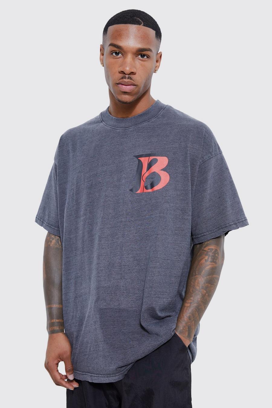 T-shirt oversize in lavaggio acido con stampa B sul petto, Black