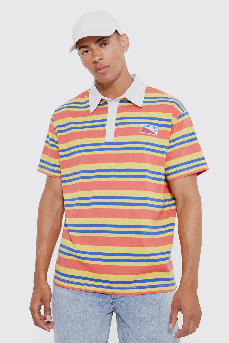 Red Oversized Stripe Detail Rugby Polo