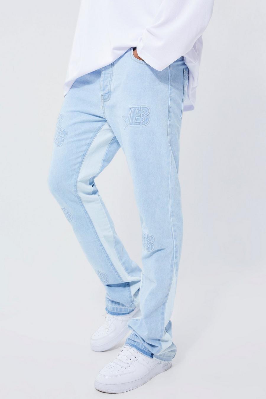 Jeans a zampa Slim Fit in denim rigido effetto smagliato con applique, Ice blue