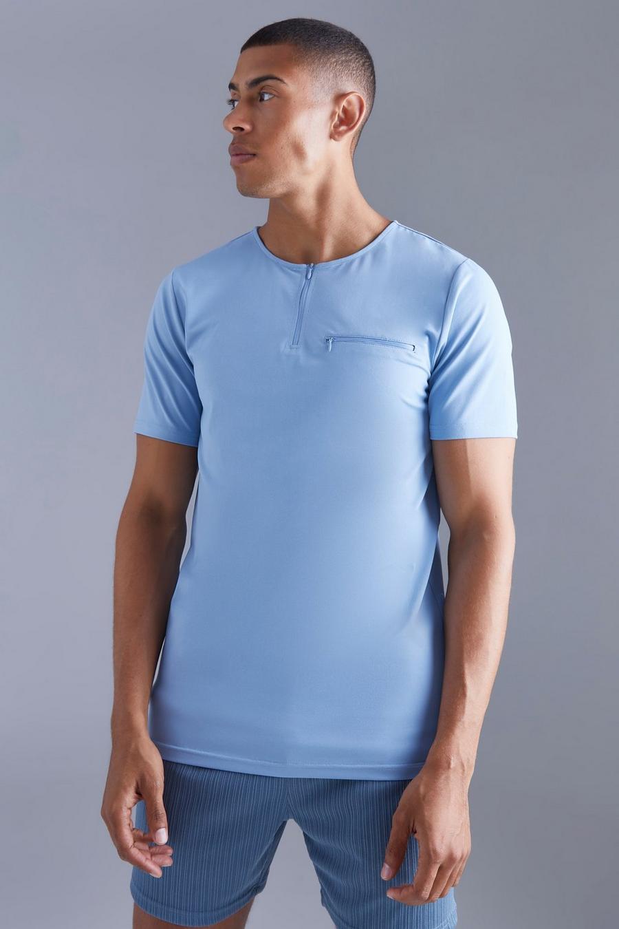 Kragenloses Slim-Fit Poloshirt mit Reißverschluss, Dusty blue