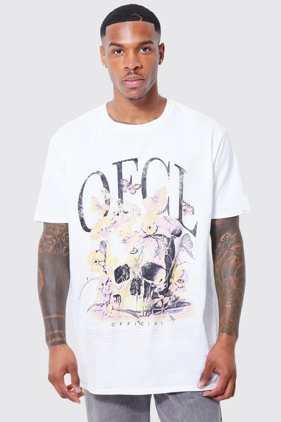 Camiseta oversize vintage con estampado gráfico de calavera y flores, White