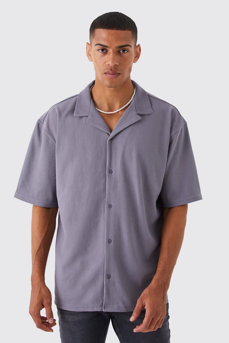 Kurzärmliges kastiges geripptes Jersey-Hemd, Charcoal