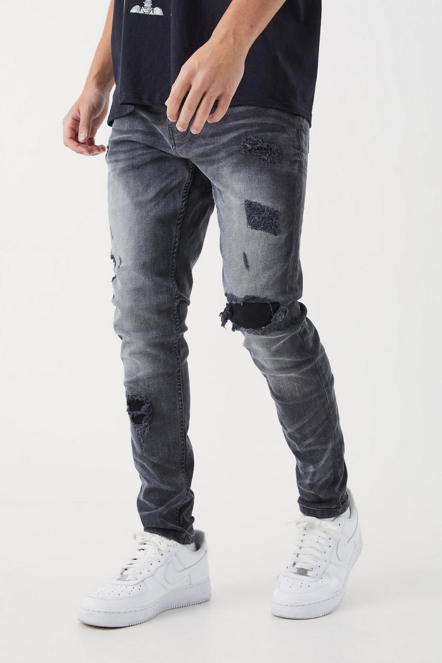 Mid grey Slitna skinny jeans med lagningar och stretch
