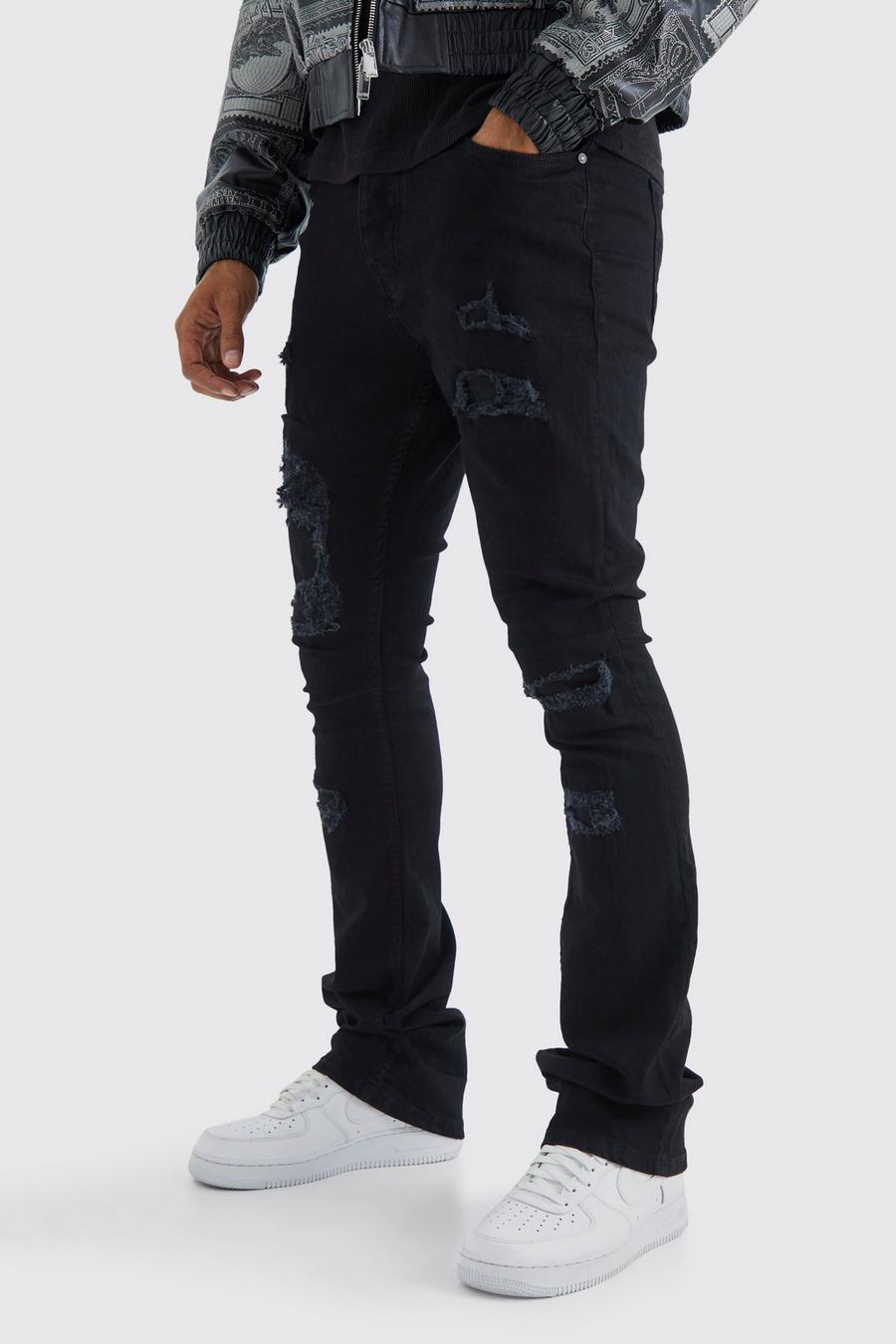 Jeans Skinny Fit strappati con pieghe sul fondo e smagliature, True black