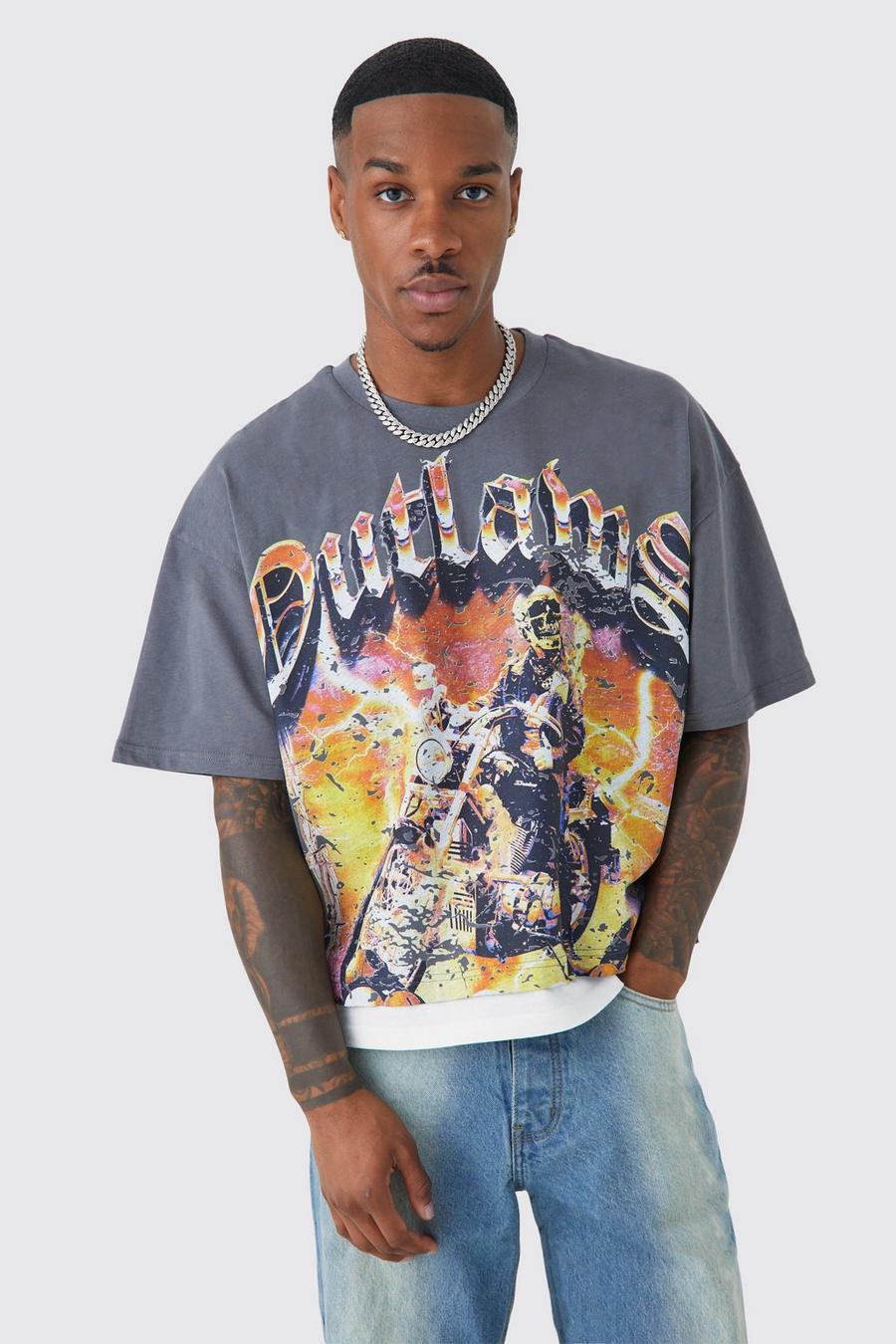Camiseta oversize recta con capa falsa y estampado de Outlaws, Dark grey