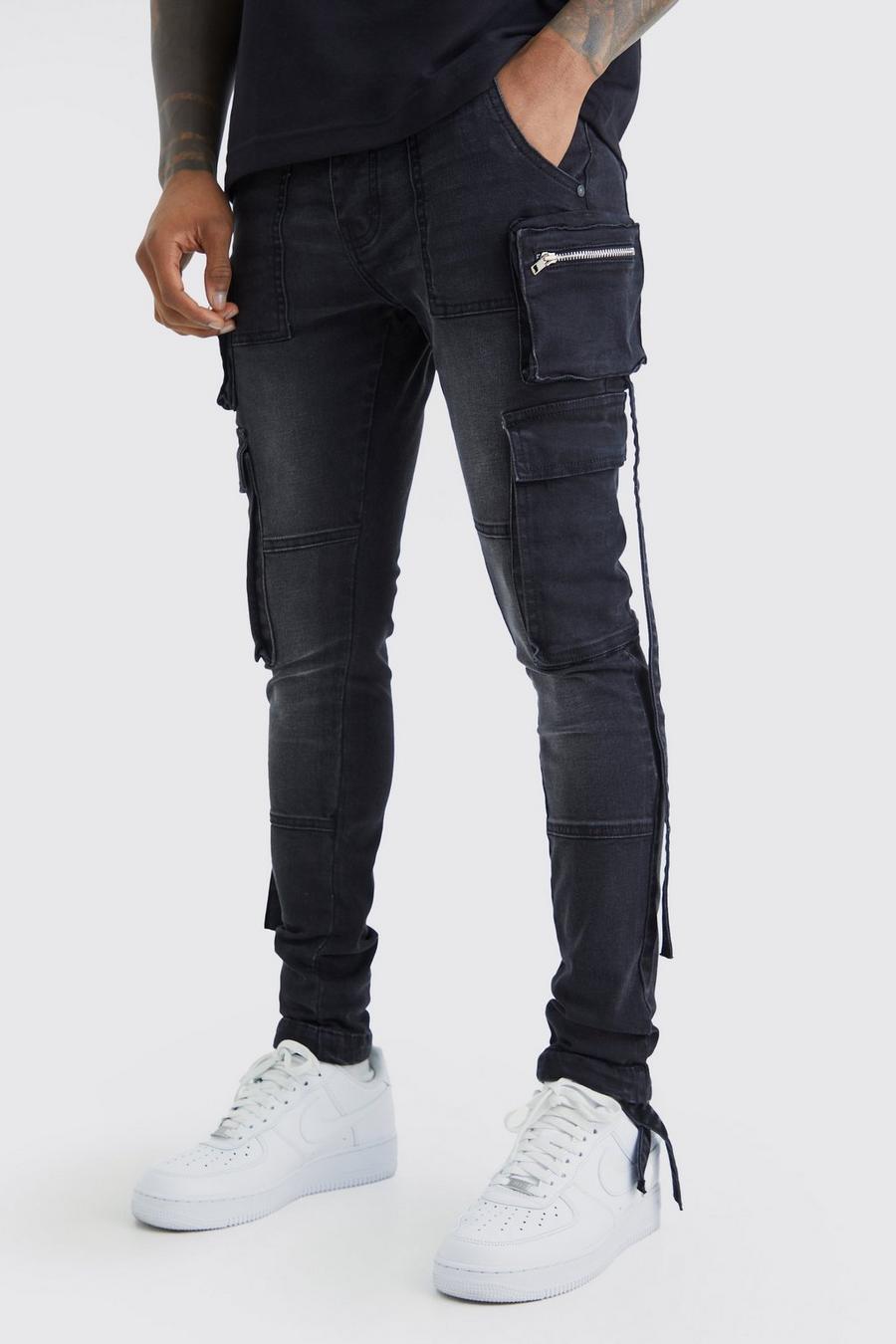 Super Skinny Stretch Cargo-Jeans mit Riemchen, Black