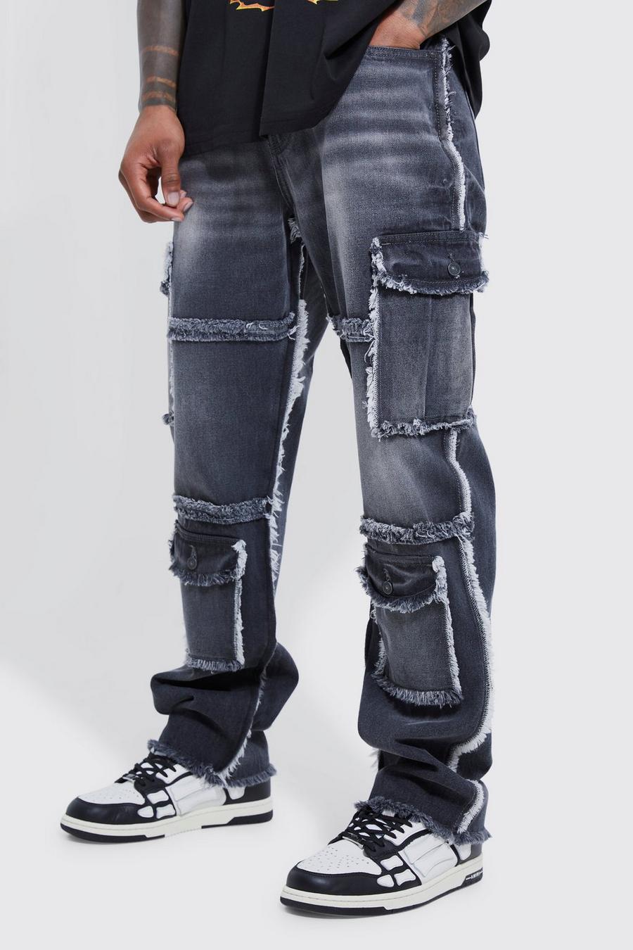Jeans Cargo rilassati in denim rigido sfilacciato, Charcoal