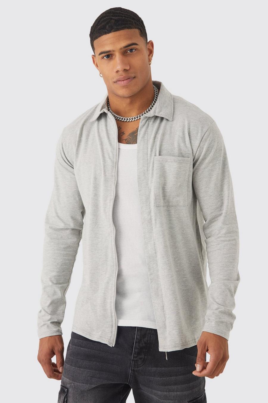 Grey marl Concealed Placket Zip Through Jersey Overshirt