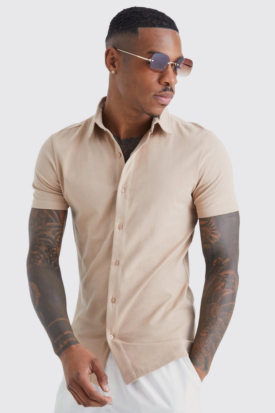 Kurzarm Muscle Fit Jersey-Hemd, Taupe