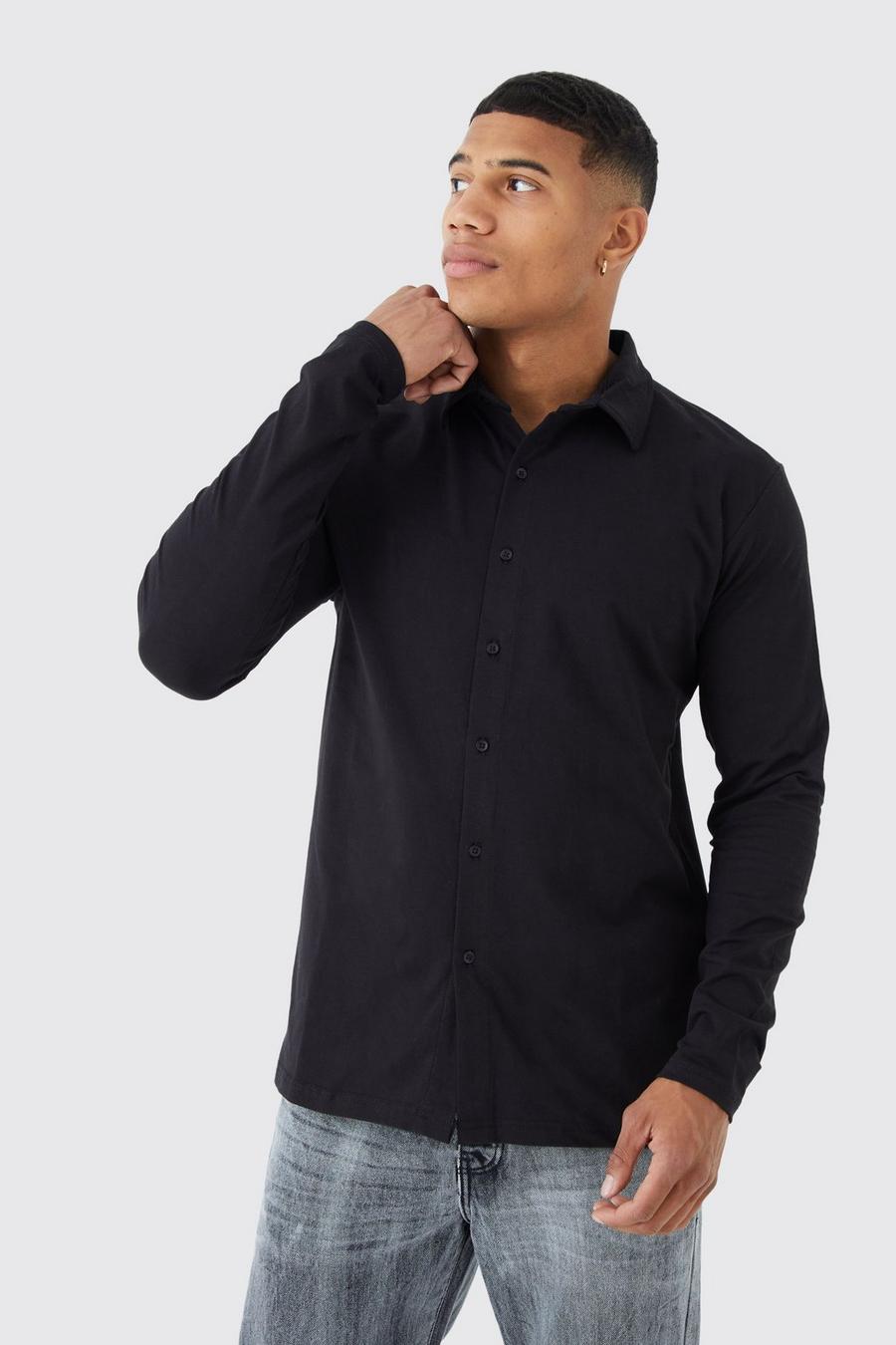 Black Jersey Overhemd Met Lange Mouwen