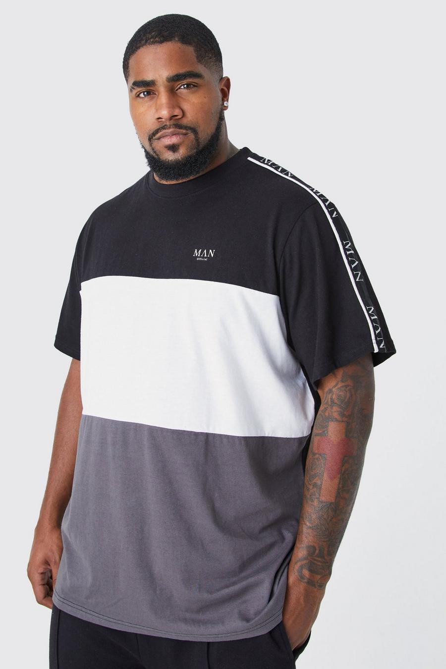 T-shirt Plus Size Man a blocchi di colore con caratteri romani e striscia, Black