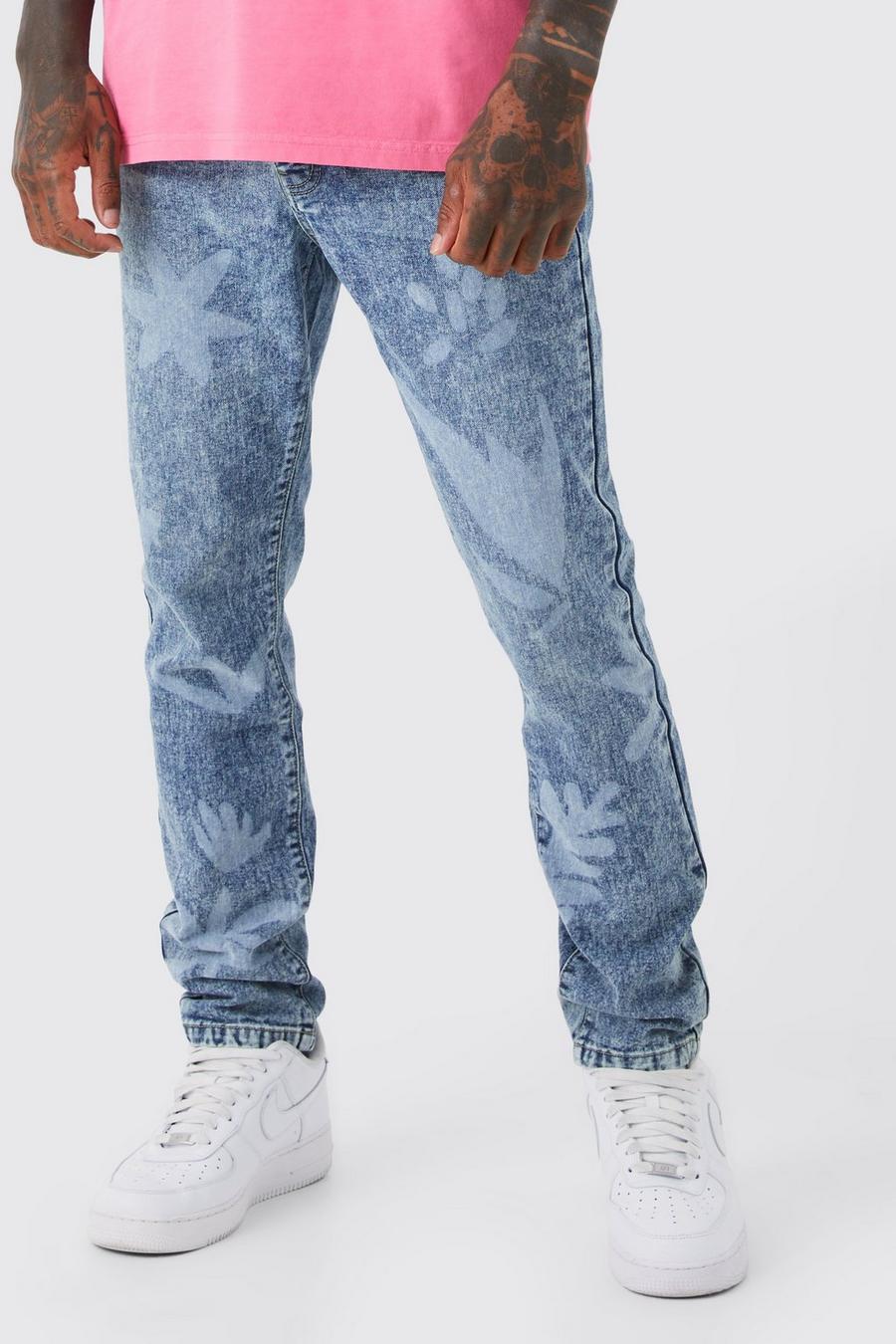 Antique wash Slim Fit Laser Print Jeans