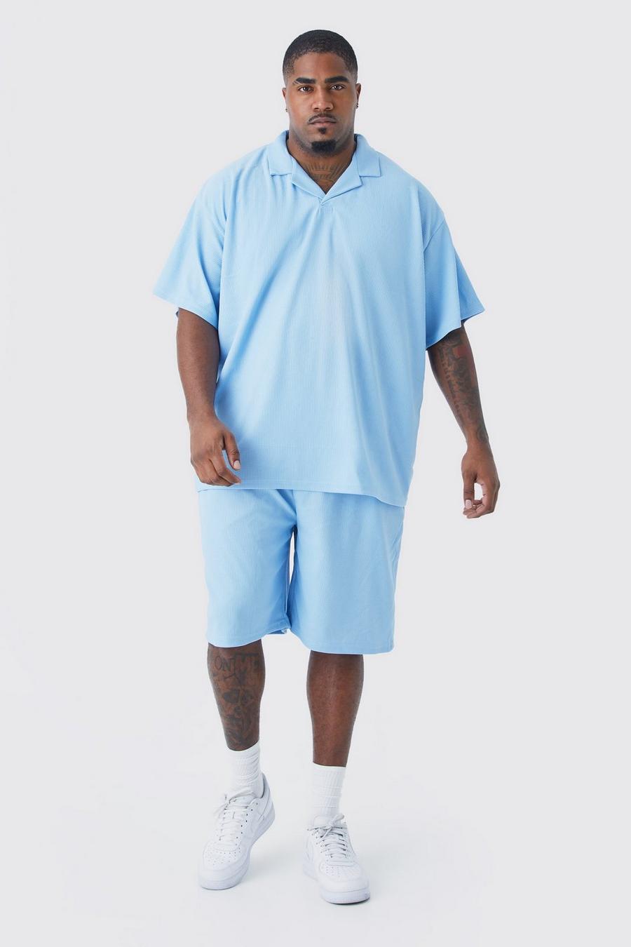 Polo Plus Size oversize con rever & pantaloncini oversize, Light blue